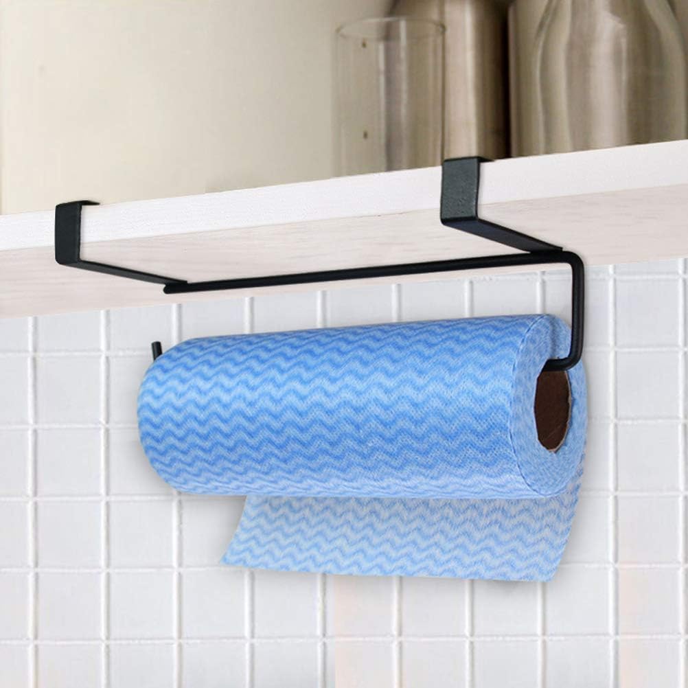 Mumusuki Paper Towel Holder Over Door Rack, Easy Installation No Tools Secure Hanging Space Saving Black
