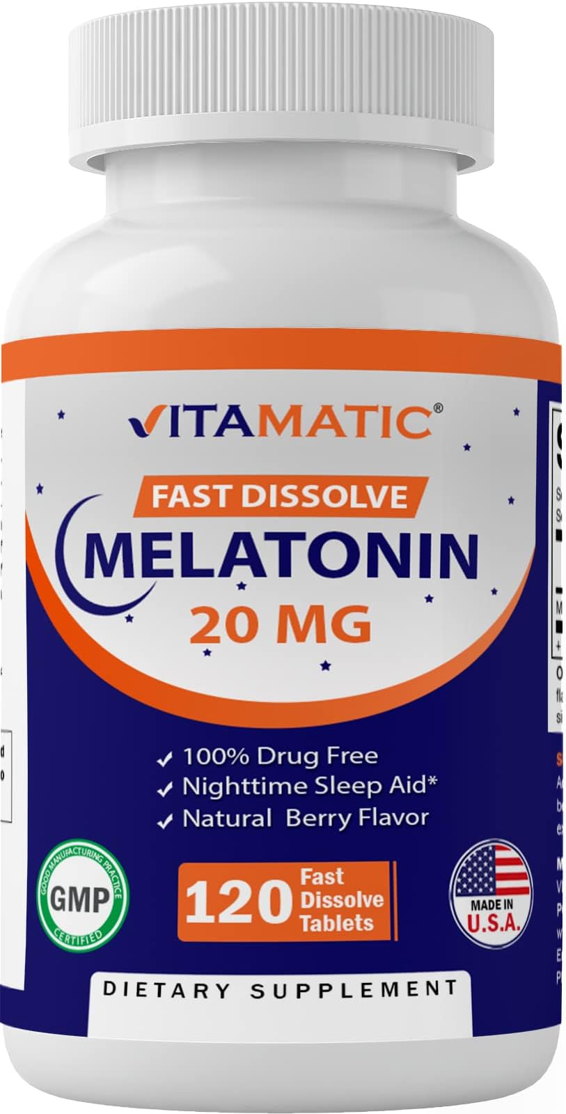 Vitamatic Melatonin 20 mg Tablets | Vegetarian, Non-GMO, Gluten Free | HIGH Potency 20 MG | Natural Berry Flavor (1/2 Tablets = Melatonin 10 mg) (120 Count (12 Pack Wholesale Buy))
