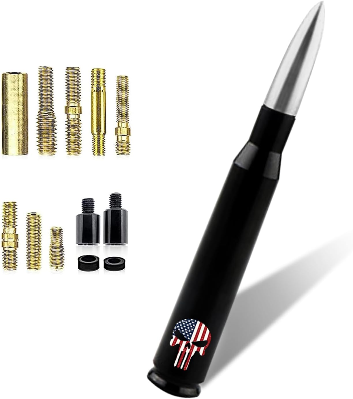 Car Bullet Antenna, Skull American Flag Pattern Truck Bullet Antenna, Car Truck Exterior Decoration Accessories, for GM Chevy Silverado 1500 3500 HD Avalanche GMC Sierra 1500 3500 (Silver)