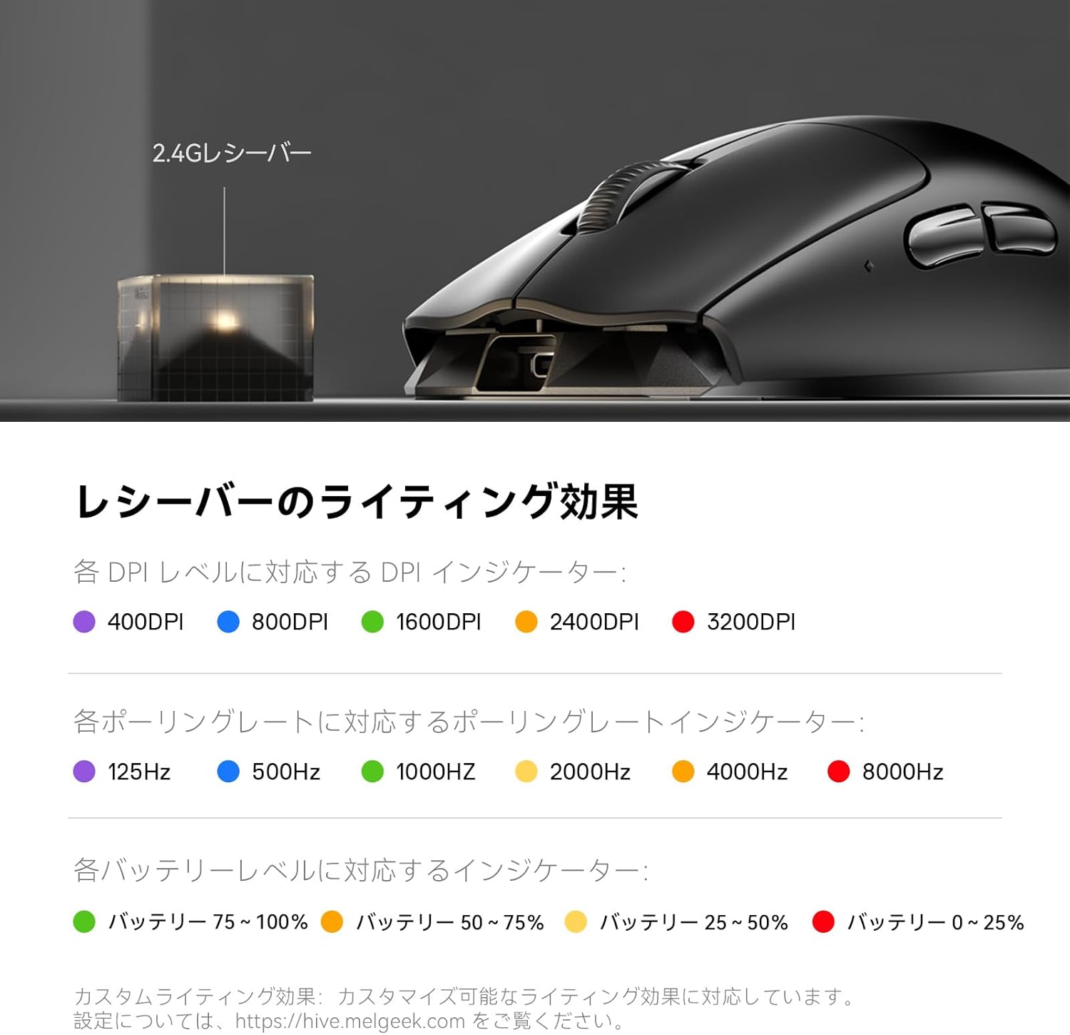MelGeek Horus Lightweight Mouse, Wireless Gaming Mouse, 49g, 8K Polling, 30K DPI Sensor, 215 Hr Battery, 2.4G/USB-C, with Light Receiver, Fit for Medium and Large Hands - Black