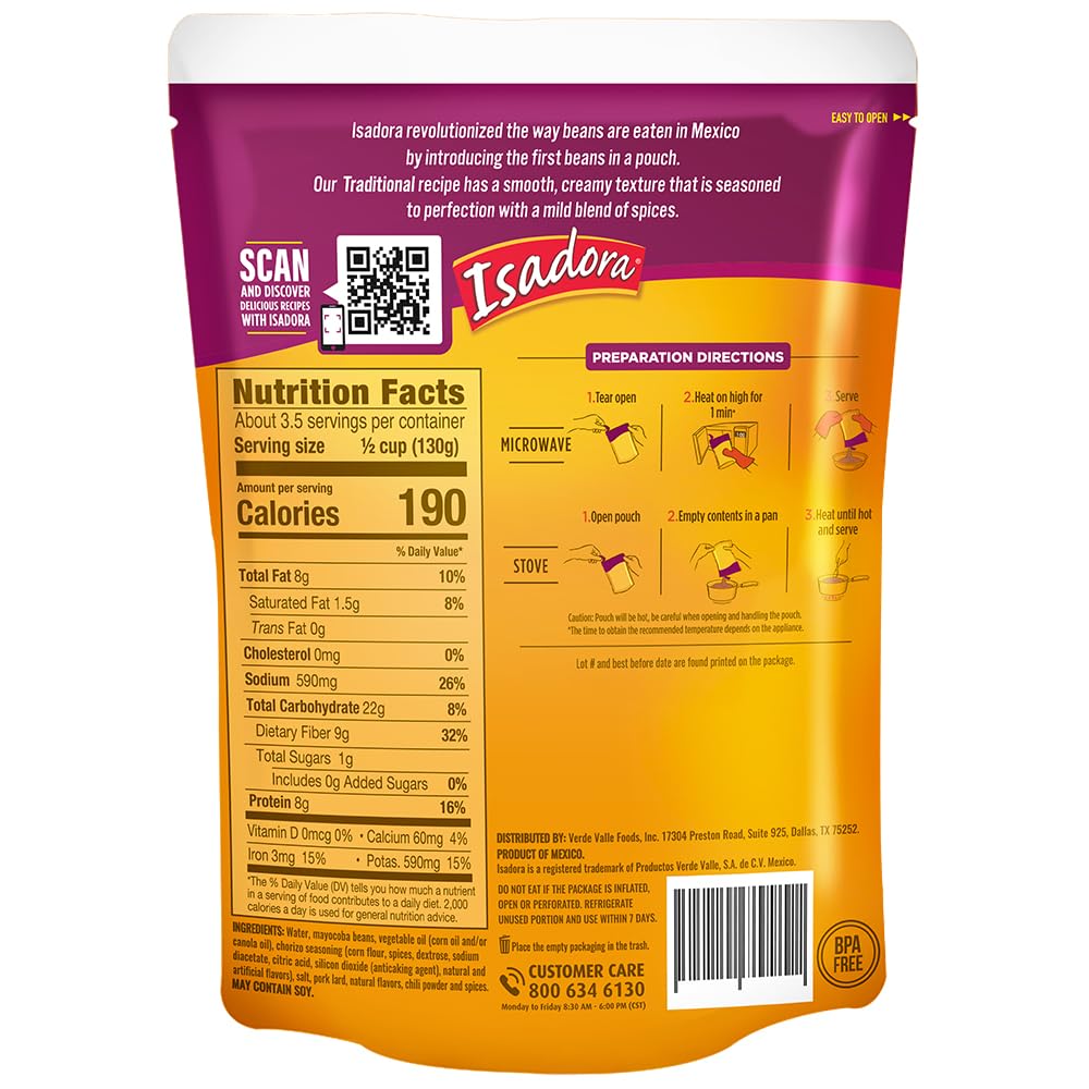 Isadora Traditional Refried Beans in Pouch (Pack of 8), Delicious Refried Beans, Microwave Food Premade Meals, Plant Based Protein,15.2 oz