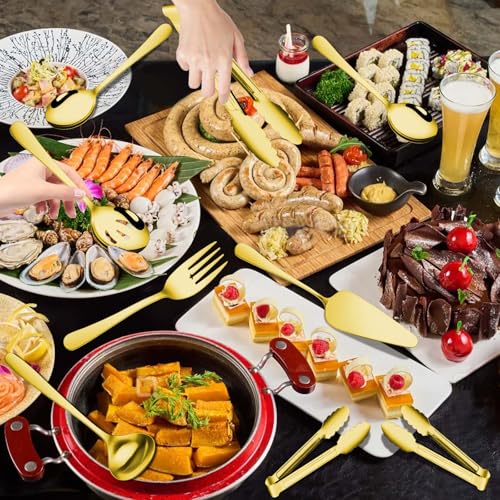 Gisly Gold 12 Pieces Serving Utensils Include Large Serving Spoons,Slotted Serving Spoons,Serving Forks,Serving Tongs,Appetizers Tongs,Soup Ladle and Pie Cake Server for Buffet Catering - Image 6