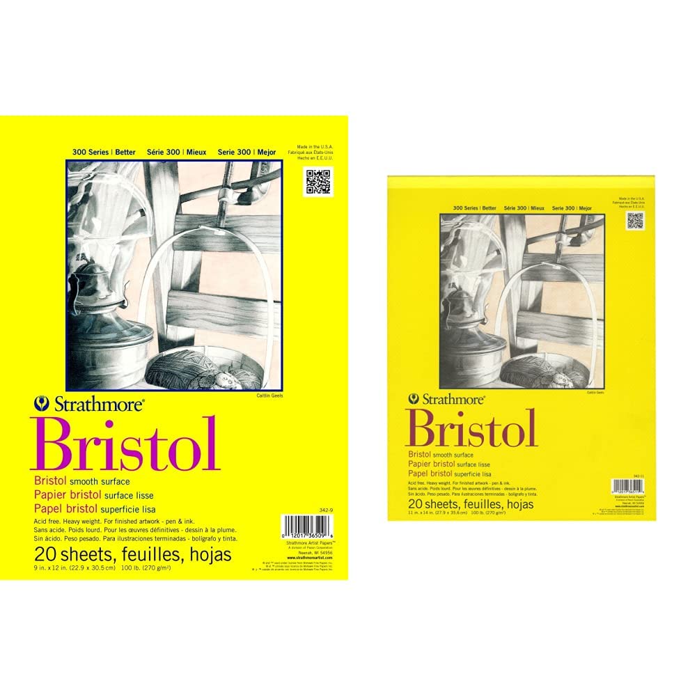 Strathmore300 Series Bristol Smooth Pad, 9"x12" and 11"x14", Tape Bound and 20 Sheets Bundle