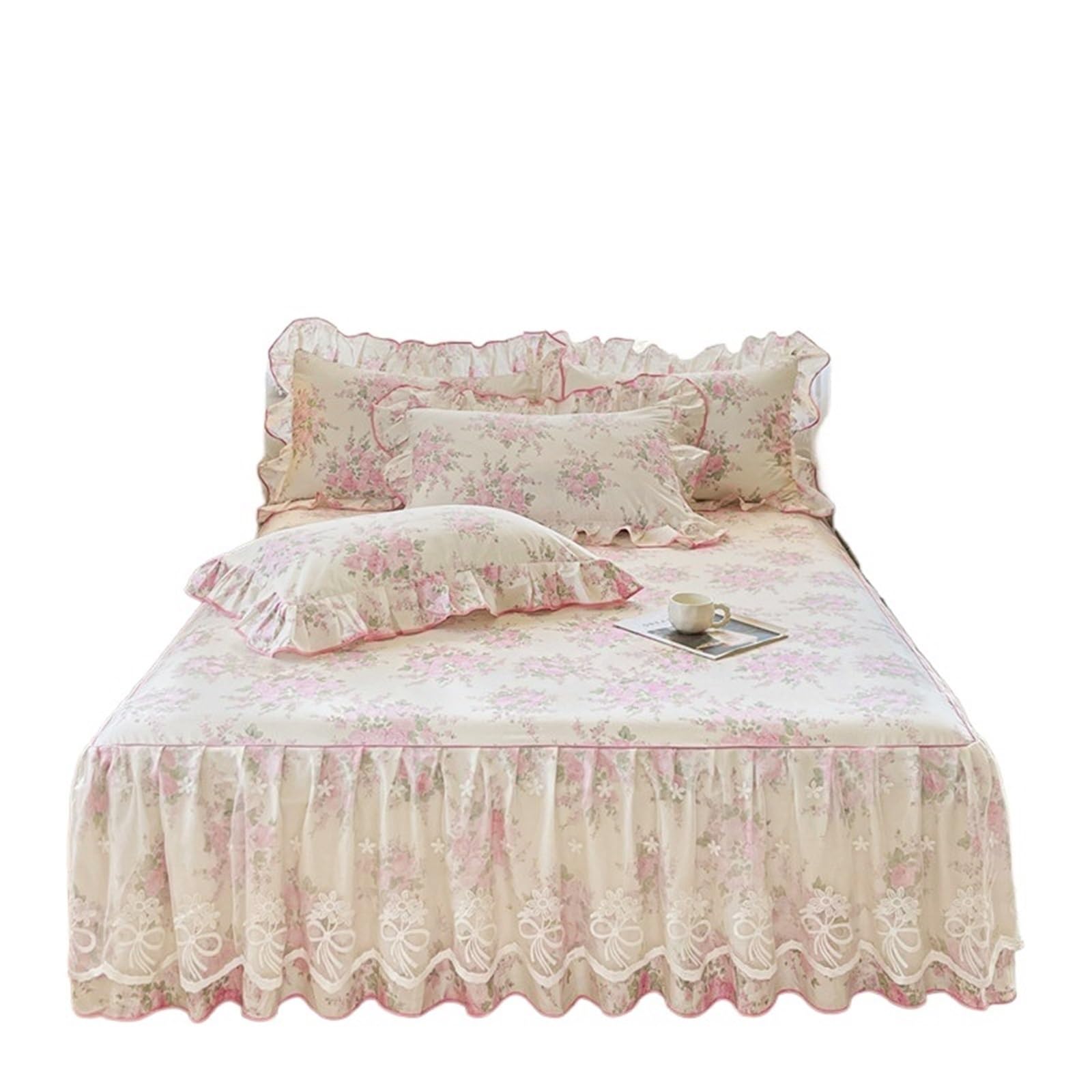 Falda De Cama De Encaje, Cubierta De Volantes for el hogar, Colcha Suave De algodón Puro, Falda De Cama De Lino (sin Funda De Almohada), 1 ud.(H,180x200x45cm 1pc)