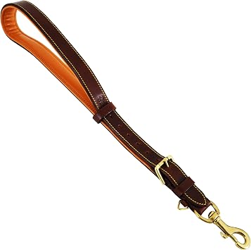 Genuine Leather Short Lead, Padded Handle, Strong Traffic and Training Leash with Adjustable Length 18-20 Inches, 1" Wide, with 360o Heavy Duty Metal Hook Brown