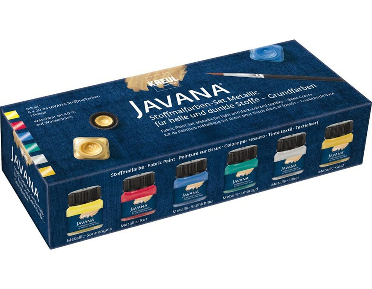 KREUL 92400 - Farba do tkanin Javana do jasnych i ciemnych tkanin, zestaw kolorów podstawowych, genialny kolor z efektem metalicznym, pastelowy charakter, 6 x 20 ml farby i jeden pędzelek