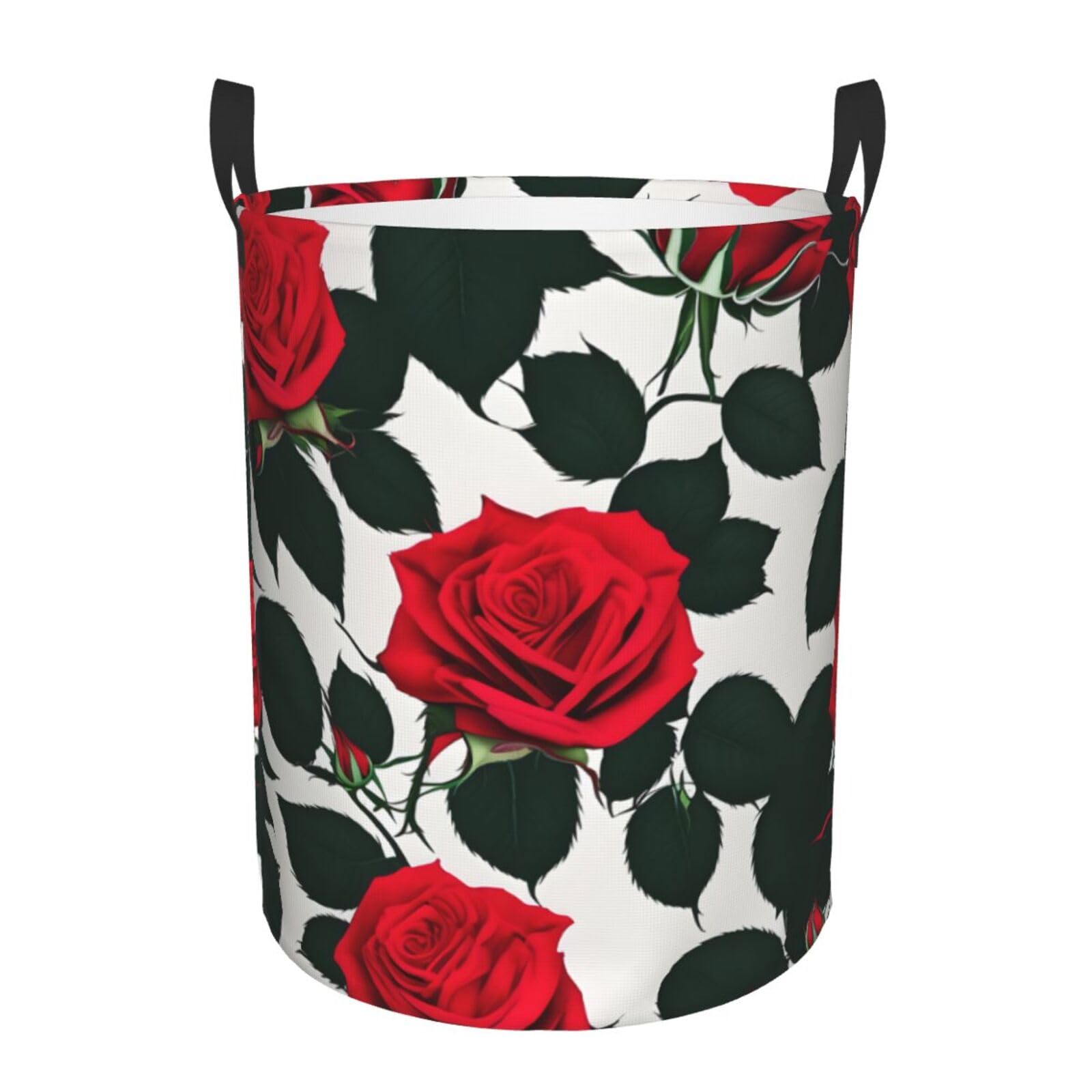 M Collapsible Round Rustic Red Rose Print Laundry Hamper