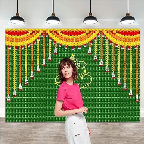 Qian 637 Indian Carnival Photography Backdrop Green Chatiya Ganesh Background Mehndi Diwali Festival Marigold Puja Ganpati Wedding Photo Tapestry Booth Props Supplies 8X6Ft thumb #1