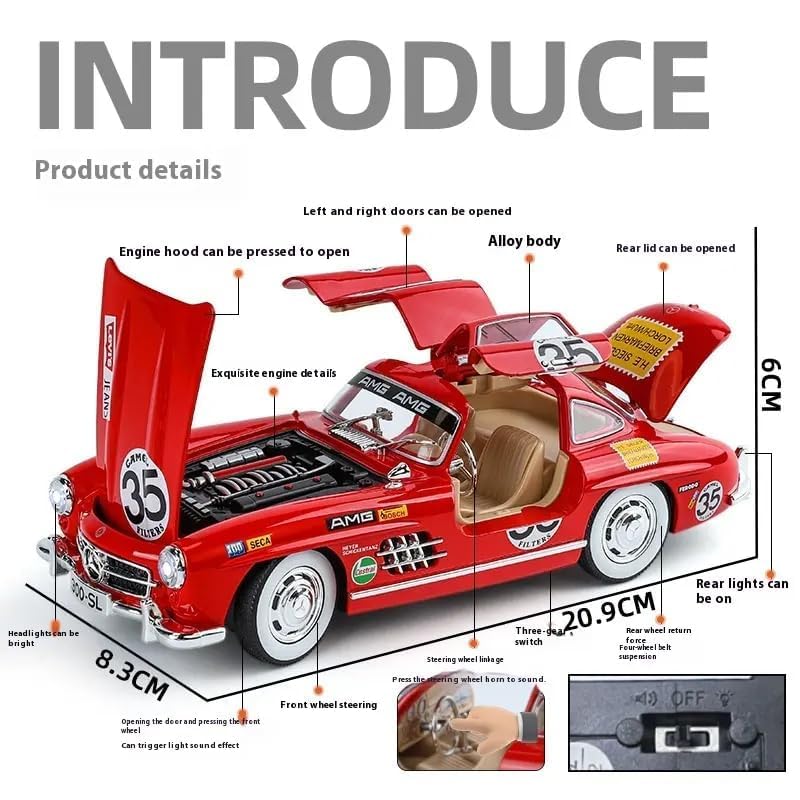 Image of Alokik Enterprise 1:24 Mercedees-Benz 300SL Modified Die-Cast Model Metal Pull-Back Car with Sound & Light and 2 Opening Doors Kids' Best Toy Vehicle Gift【Red】