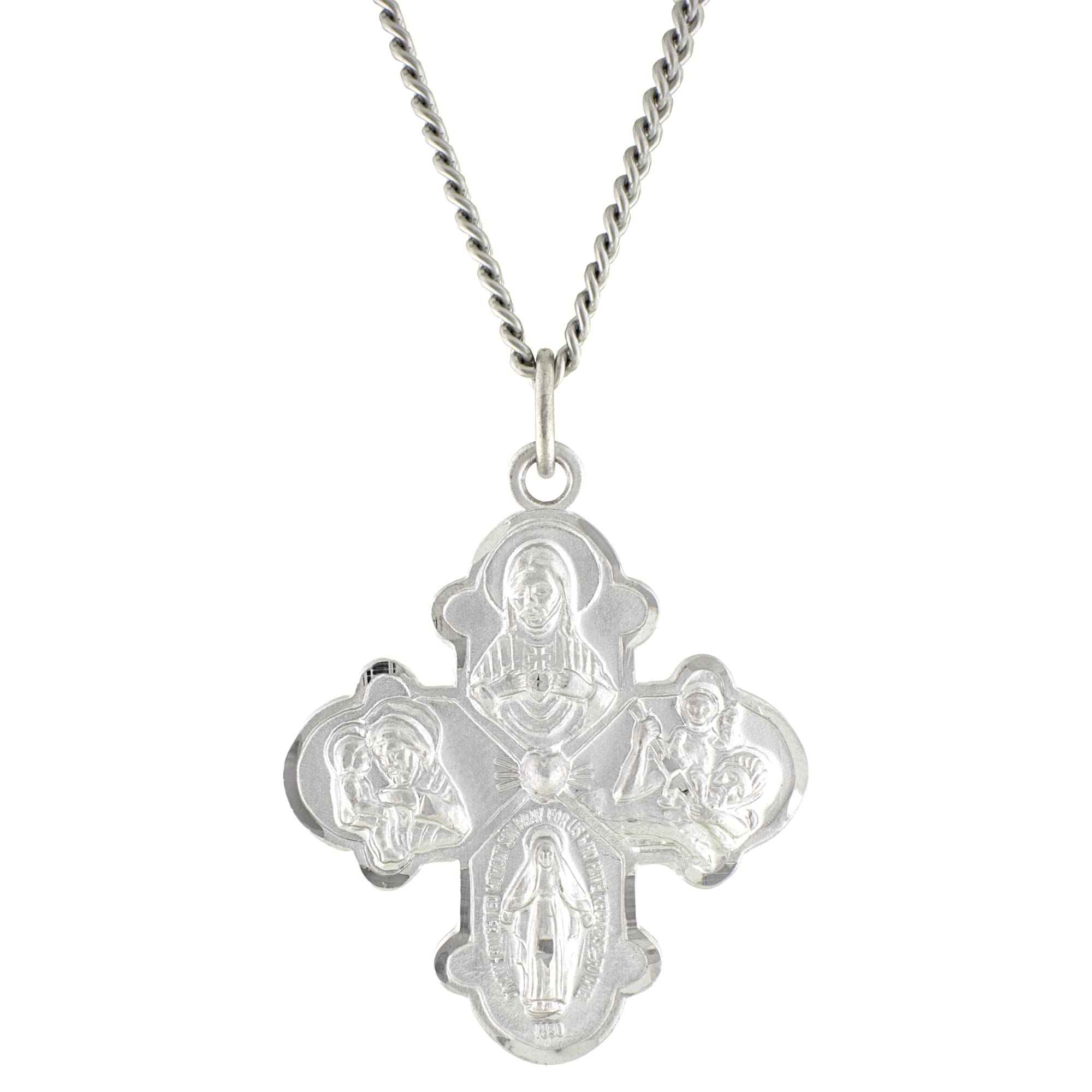 Needzo Sterling Silver Four Way Medal on Stainless Steel Chain, Saint Joseph, St Christopher, Sacred Heart, and Miraculous Medals, 1.25 Inch Charm