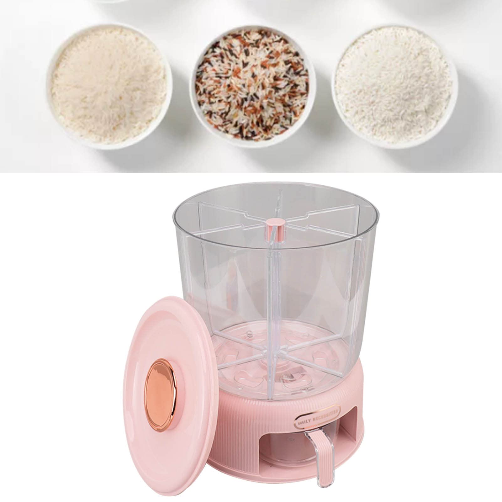 Dispenser per cereali Multi griglie Materiale per uso alimentare di grande capacità Rotazione del secchio del riso per la conservazione degli alimenti domestici (Rosa)