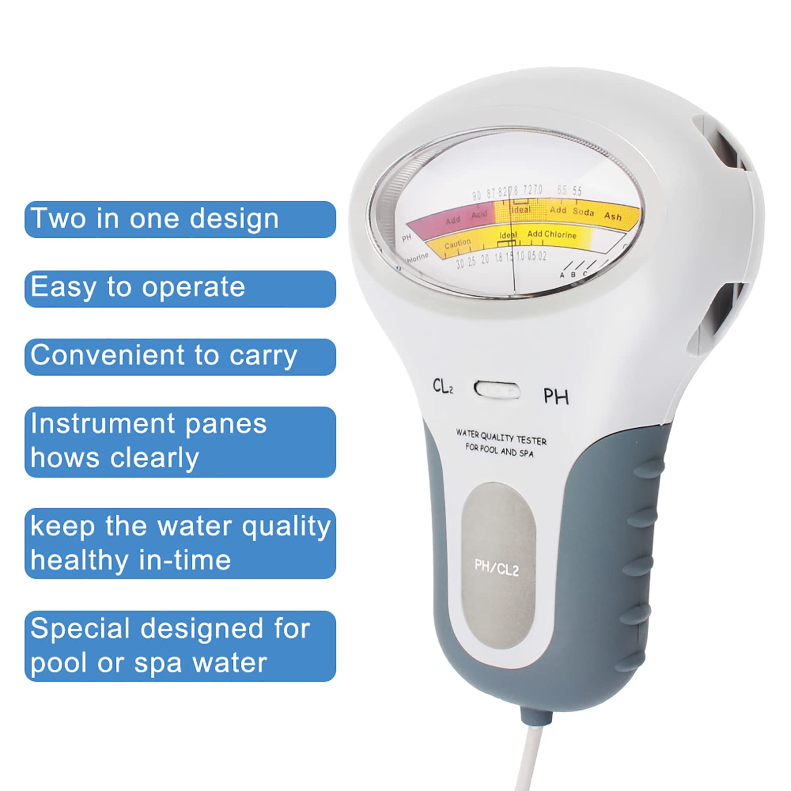 McbeAn Dispositivo di Test della qualità dell'Acqua 2 in 1, Misuratore di Livello del Cloro, Campo di Misura: PH: 5,5~9,0 PH; CL2:0-3,0 Ppm, Misurazioni Rapide E Precise, Prolunga Flessibile