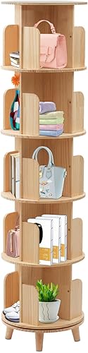Estantería giratoria de 360, estante apilable de madera maciza de 5 niveles, estante de almacenamiento de pie para sala de estar, estudio y oficina