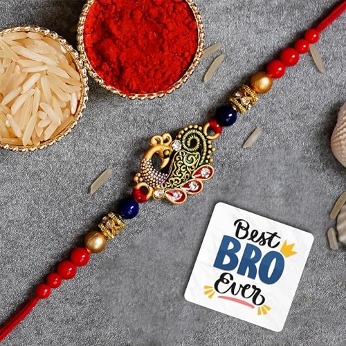 Image of eCraftIndia Red & Blue Peacock Designer Rakhi, Best Bro Ever Fridge Magnet with Roli Chawal Pack - Rakhi for Brother, Bhaiya, Bhai