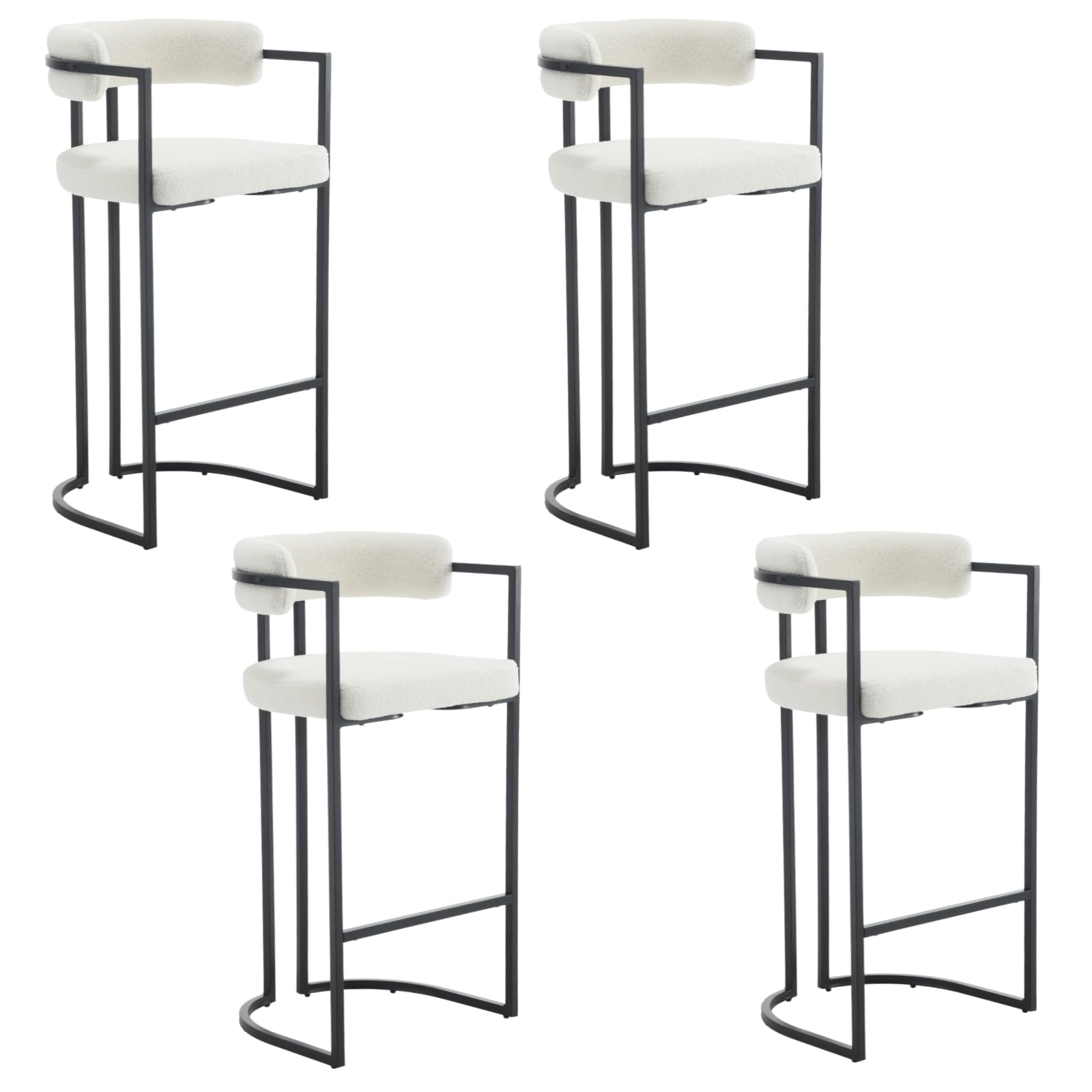 QUINJAY 30Inch Sherpa Bar Stools Set of 4, Modern White Barrel Bar Stools with Comfy Back, Upholstered High Dining Chairs with Black Leg Boucle