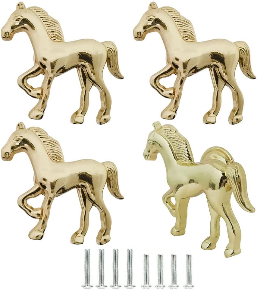brandname Horse Knob 4 Pcs Animal Horse Shape Drawer Pull Hardware Accessories Cabinet Closet Dresser Wardrobe Cupboard Bedside Table Locker Handle Kitchen Children's Bedroom (Gold)