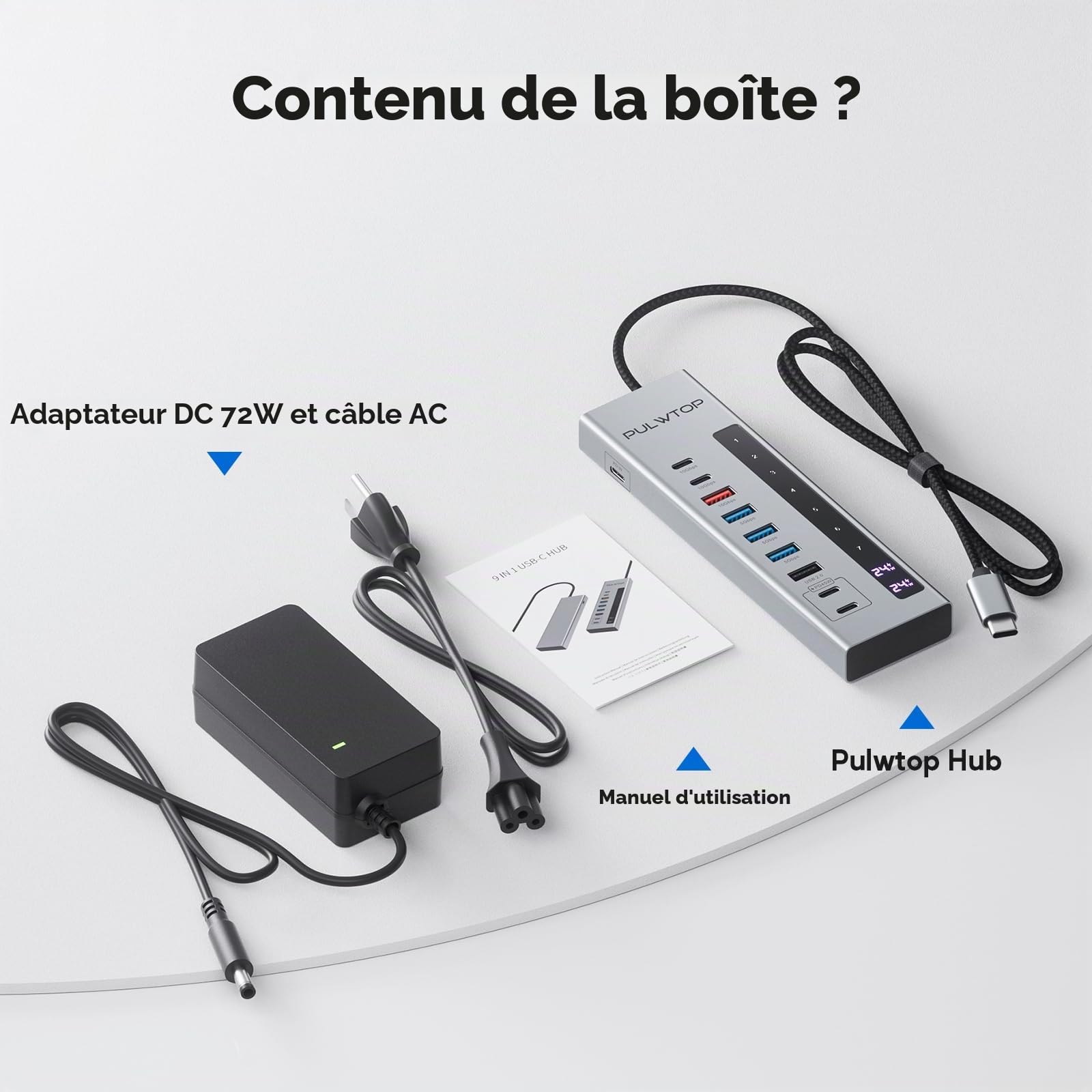 Hub USB-C alimenté, PULWTOP USB C Hub pour Ordinateur Portable, MacBook | PULWTOP USB C Data Hub avec 3 x USB A/C 10Gbit/s, 3 x USB-A 5Gbit/s, 100W PD-in, 2 x 24/45W PD Charing(Adaptateur 72W Inclus)