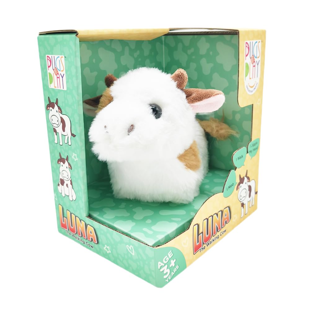 Pugs At Play Luna Walking Cow With Color Box Interactive Plush Toy – Soft Electronic Animal That Moves and Makes Sounds, for Toddlers and Kids