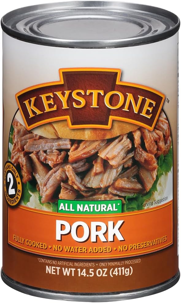Keystone Meats All Natural Heat and Serve Canned Pork, 14.5 oz – Fully Cooked and Ready to Eat – Shelf Stable for 5 Years – Canned Meat for Everyday Meals, Emergency Survival Food, and Long-Term Storage – Gluten-Free, No Carbs, Non-Perishable – Made in USA – Pack of 1