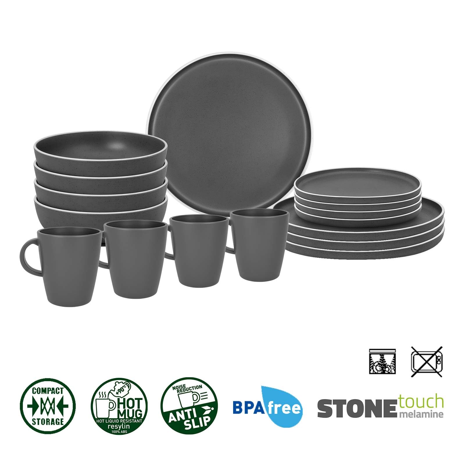 BRUNNER Camping-Geschirr-Set (12 16 oder 36-teilig) DOLOMIT Anthrazit | Antislip (Antirutsch), 2-4 Personen, wie Steingut (StoneTouch), Bruchfest, Stapelbar, Wohnmobil Wohnwagen Boot
