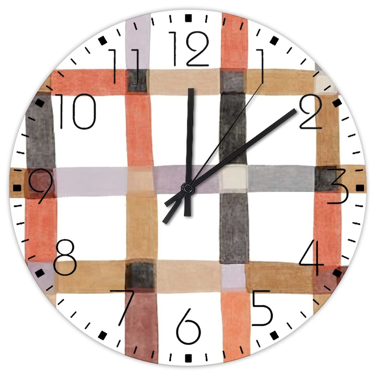 Horloge murale pour bureau et maison, grand cadran en bois à carreaux cosy