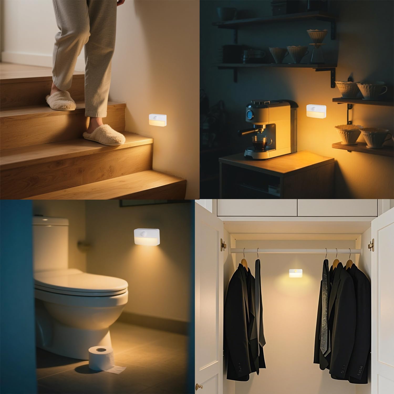 Motion Sensor Night Light Indoor, Rechargeable LED Stair Lights, Warm White Stick-On Wireless Closet Lights, Battery Operated Hallway, Cabinet, Bedroom, Kitchen Lamp (6 Pack, White)