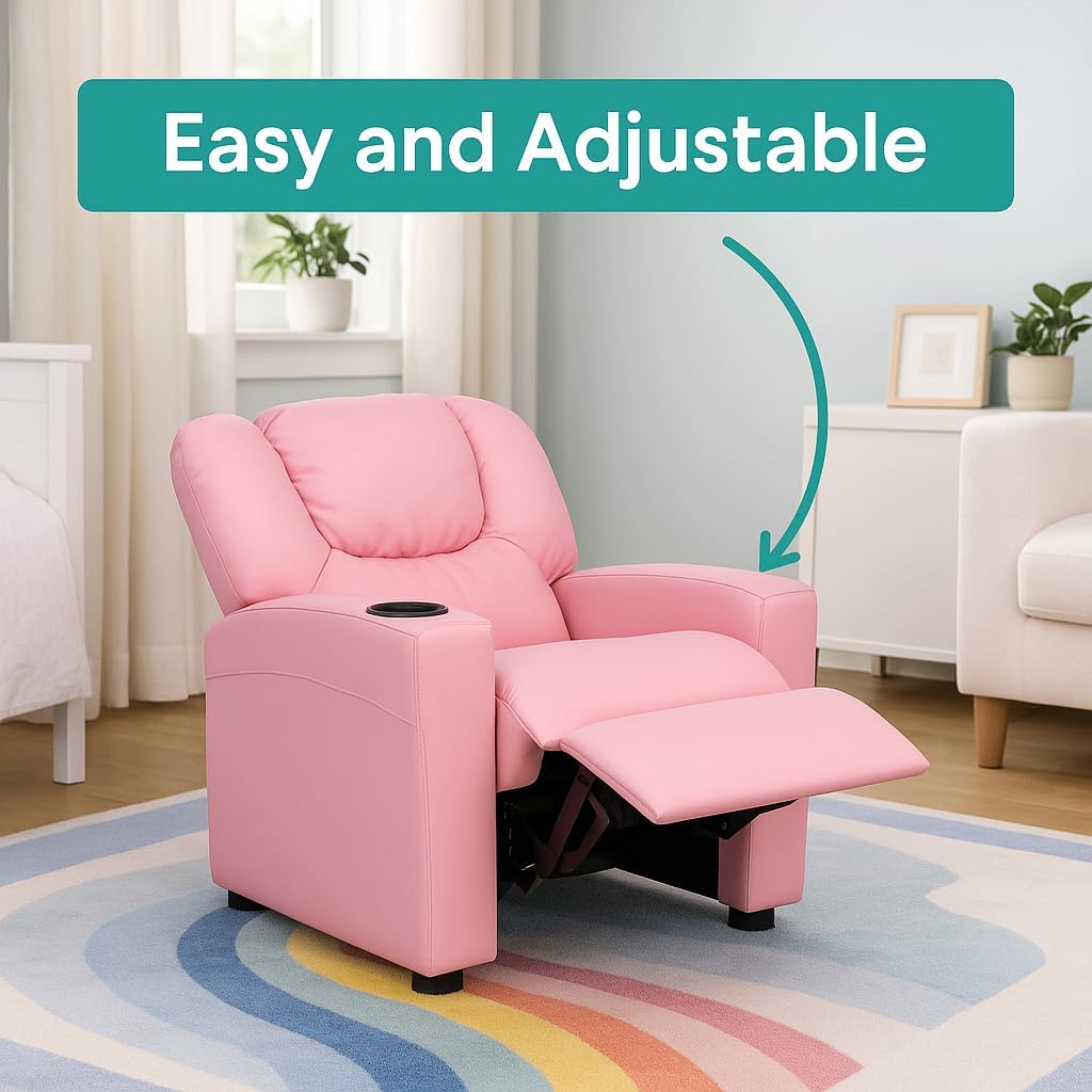 Naomi Home Suri Kids Recliner Chair with Cup Holder & Footrest, Built to Grow with 150 lbs Capacity, Solid Hardwood Frame, and 3 Recline Positions for Toddlers & Children, Pink,PVC