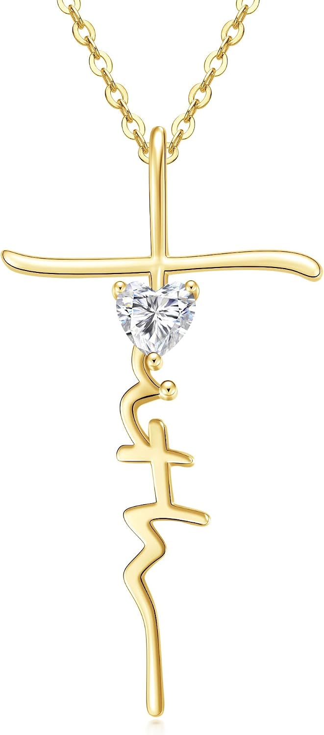 Cross Faith Heart Birthstone Necklaces for Women 14K Gold Christian Religious First Communion Baptism Confirmation Jewelry Anniversary Birthday Gifts for Wife Mom Her
