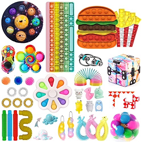 27pcs Fidget Packs Fidget Toys Pack with Big Keyboard Rainbow Sensory Pop Tube Spring Pad Ball Simple and Dimple Spinner Fidget Pack Cheap Fidget Toy Set (27pcs Fidget Packs 1)