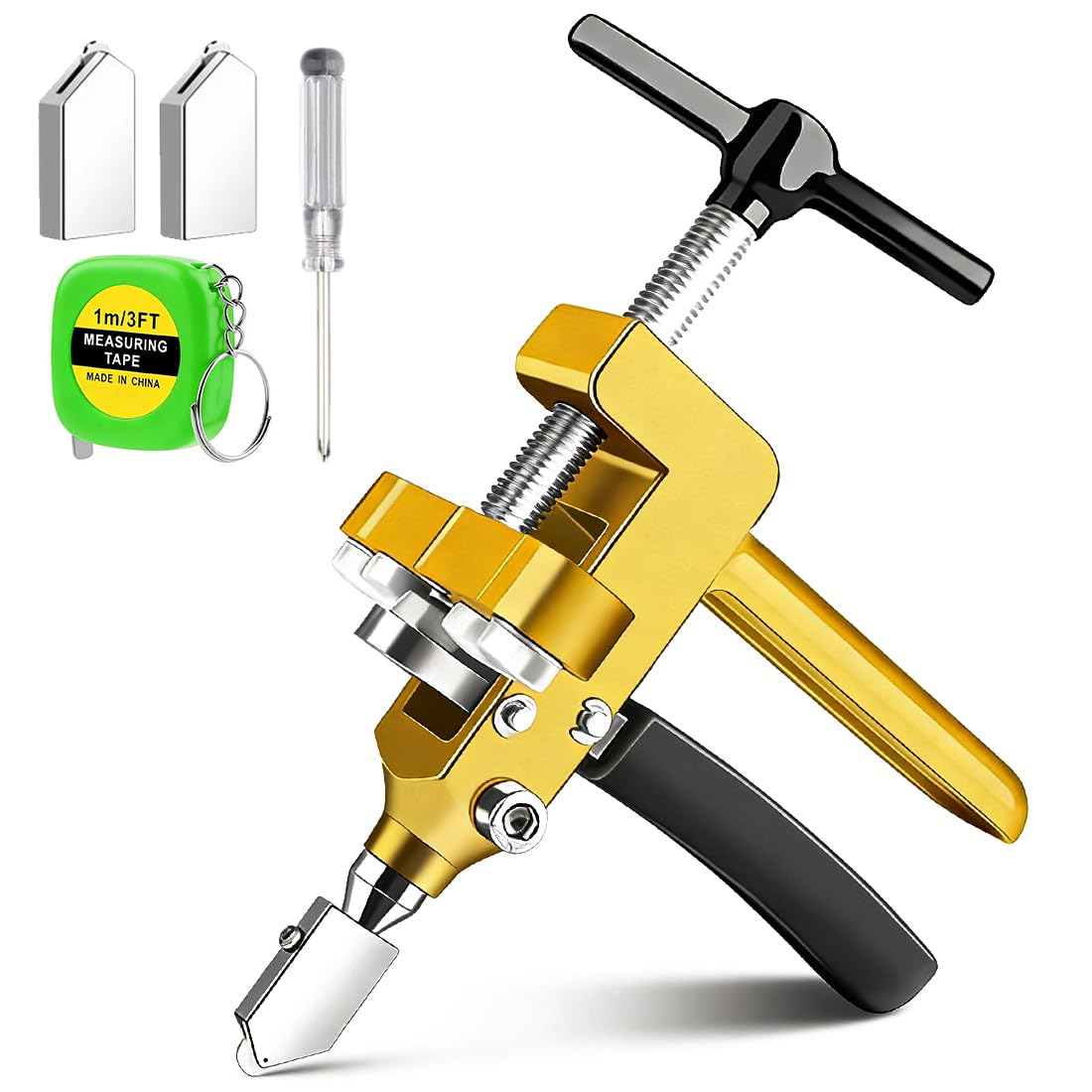 Cortador Manual de Azulejos y Cristal 2 en 1, Herramienta para Vidrio y Baldosas con Pinza de Separacion, Mango en T, Cabezales de Repuesto, Destornillador y Mini Metro