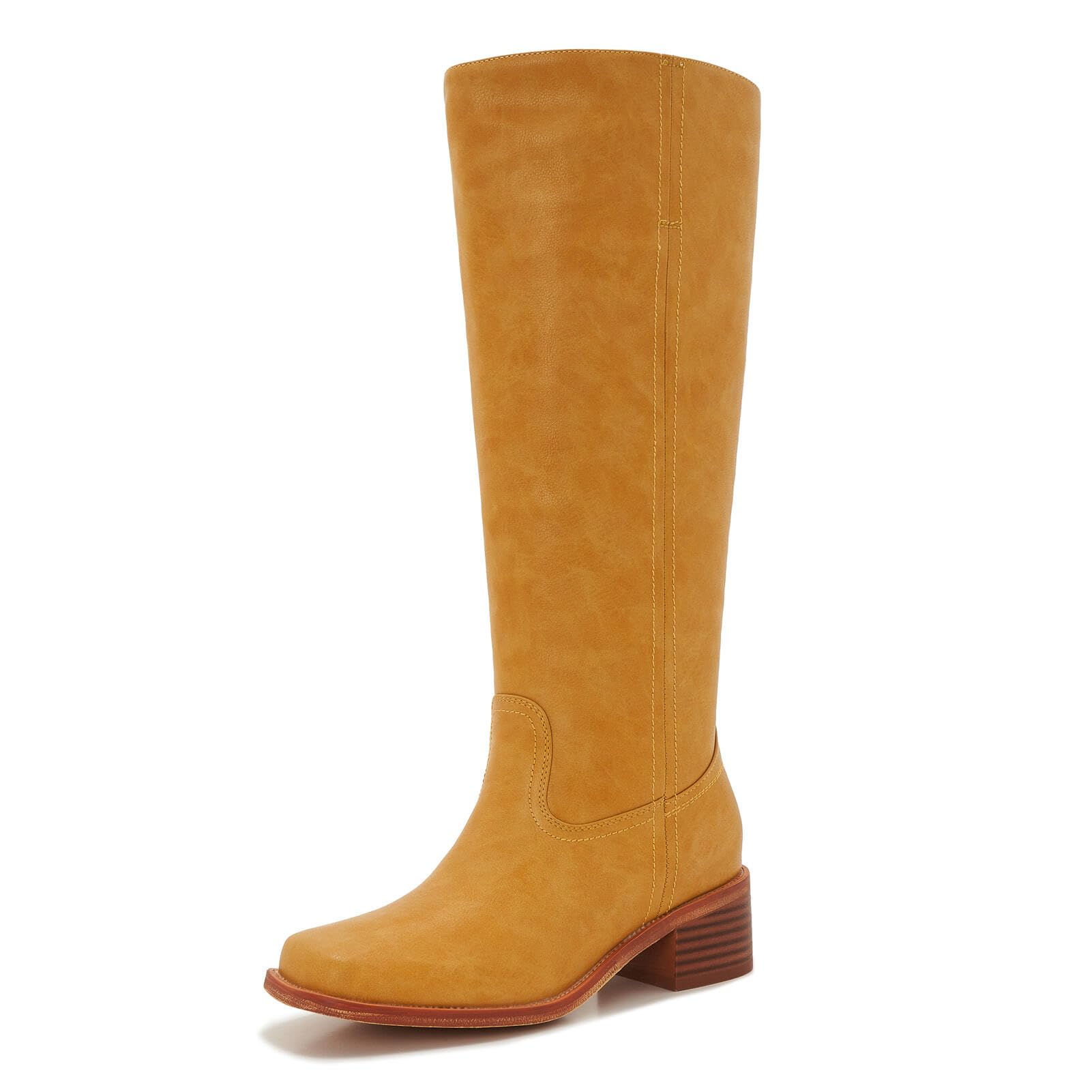 ZXHYZLZ Womens Wide Calf Campus Boots Banana Yellow Knee High Boot with Low Block Heel Square Toe Slip-On
