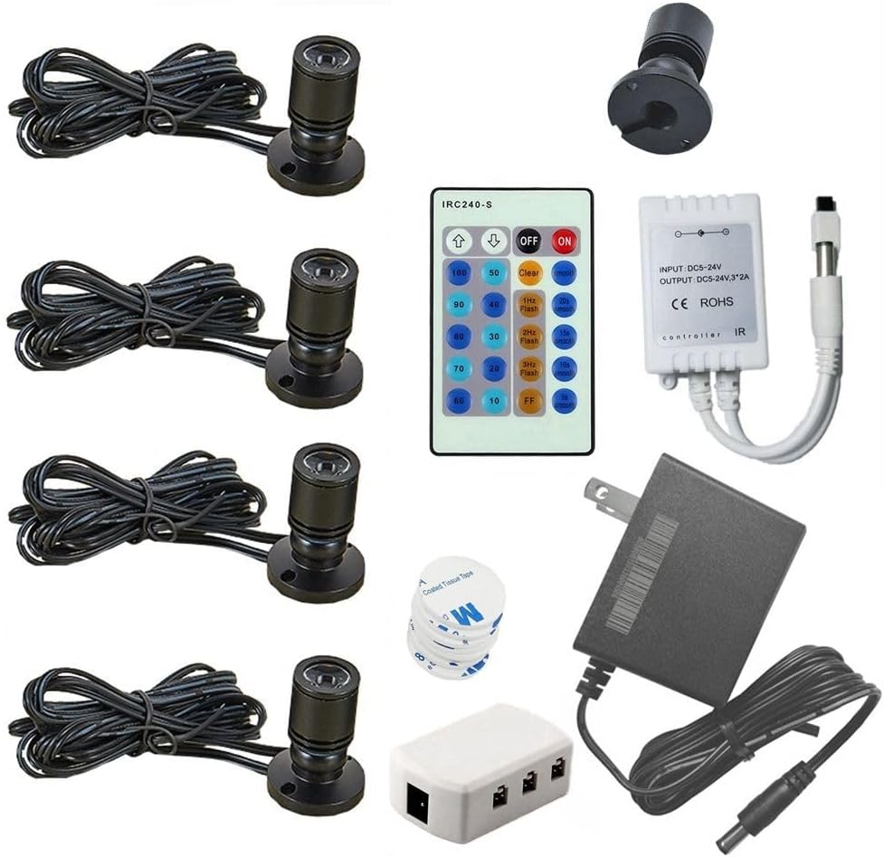 Xking 1.5W 12VDC Dimmable LED Mini Spotlight Jewelry Showcase Display Lights Black Shell Surface Mount with Wireless IR Dimmer (Pack-4,Warm White)