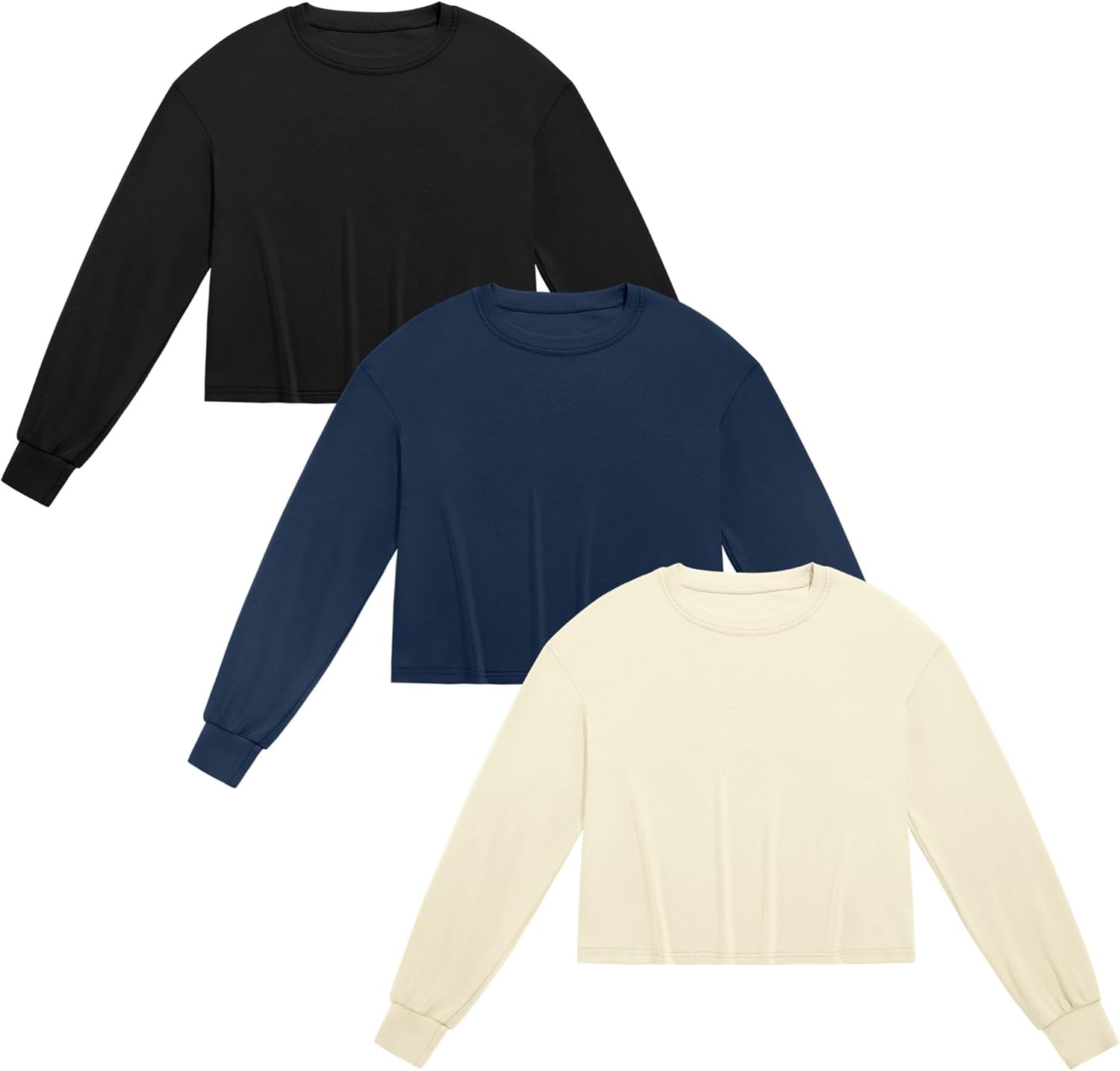 Ficerd 3 Pack Cotton Cropped Long Sleeve Tops for Women Loose Fit Crew Neck Drop Shoulder Crop T Shirts Basic Tee - Image 3