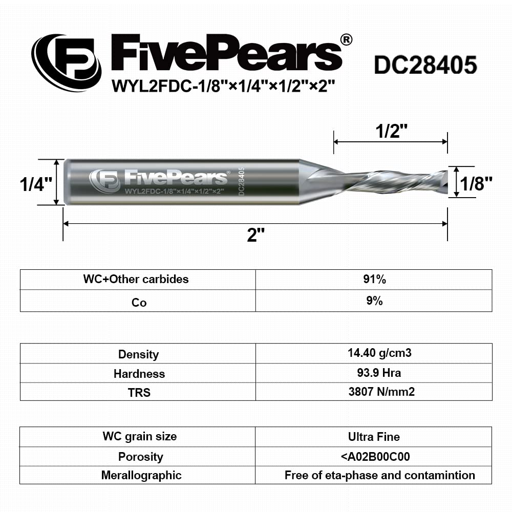FivePears CNC Spiral Router Bit - 1/8" Down Cut Solid Carbide, 1/2" Cutting Length, 1/4" Shank For Woodworking