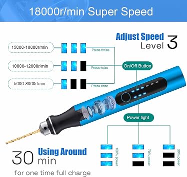 3-Speed Cordless Mini Drill Pen With 10 Small Drill Bits,Rechargeable Electric Hand Drill Pin Vise,Resin Drill Set For Jewelry Making, Resin, Plastic, Wood, Keychains DIY (BLUE)