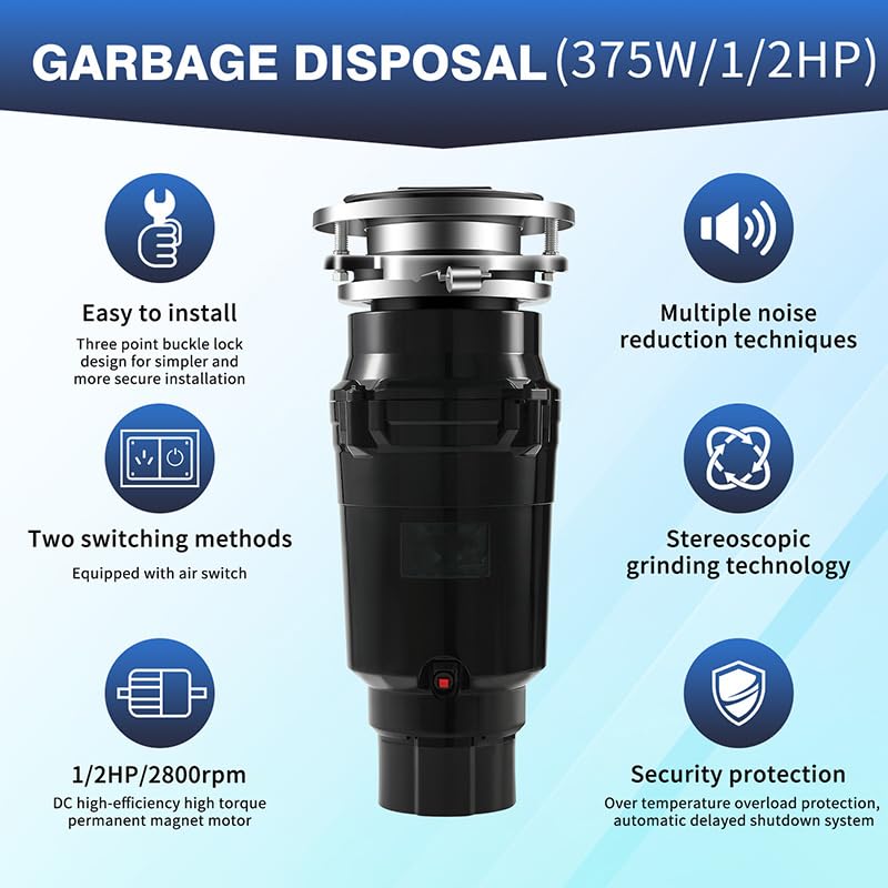 Potente triturador de basura para fregadero de cocina con fácil instalación, potencia de molienda de 2800-3200 rpm, reduce atascos, motor de 1/2 HP, gran capacidad de 980 ml para una gestión eficiente