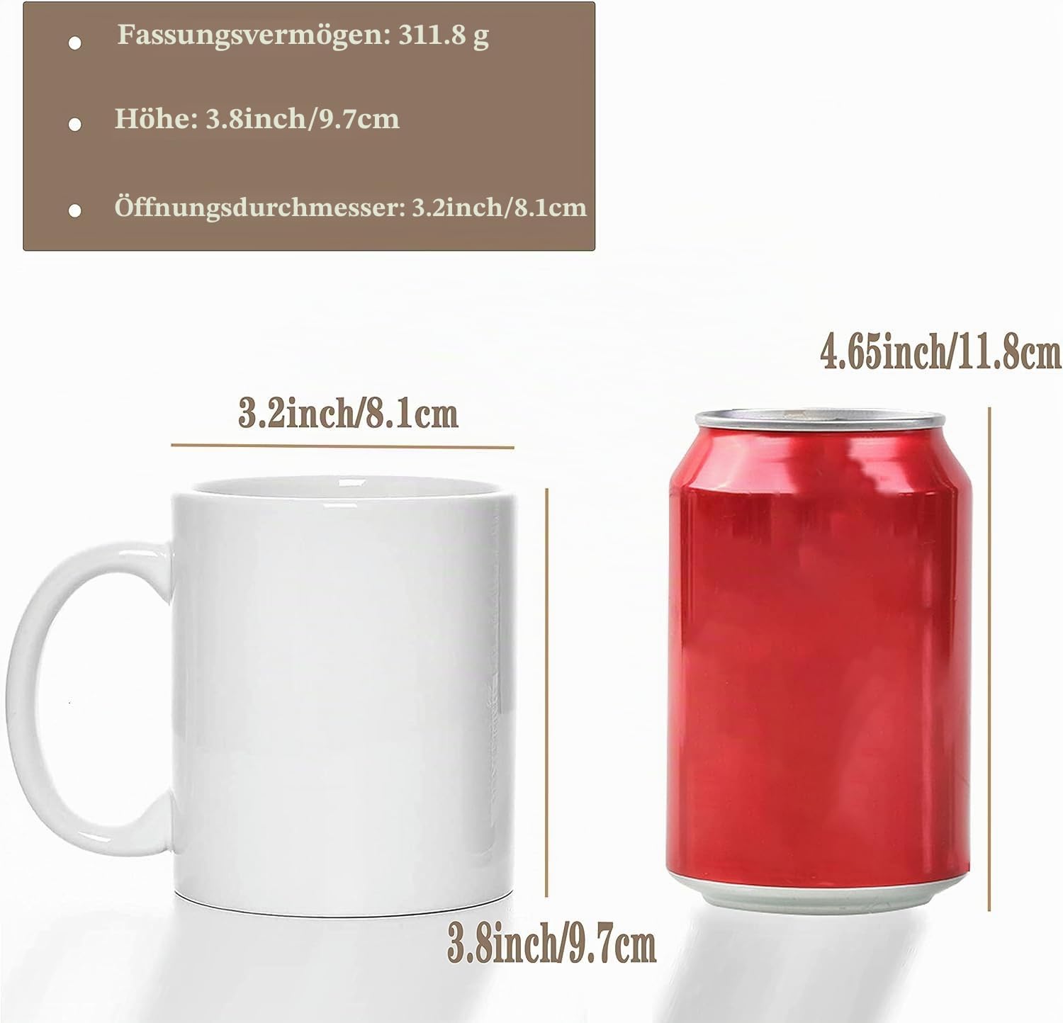 Sublimation weiße Kaffeetassen mit großem Griff, 325 ml, blanko, bedruckt mit Box, 24 Stück