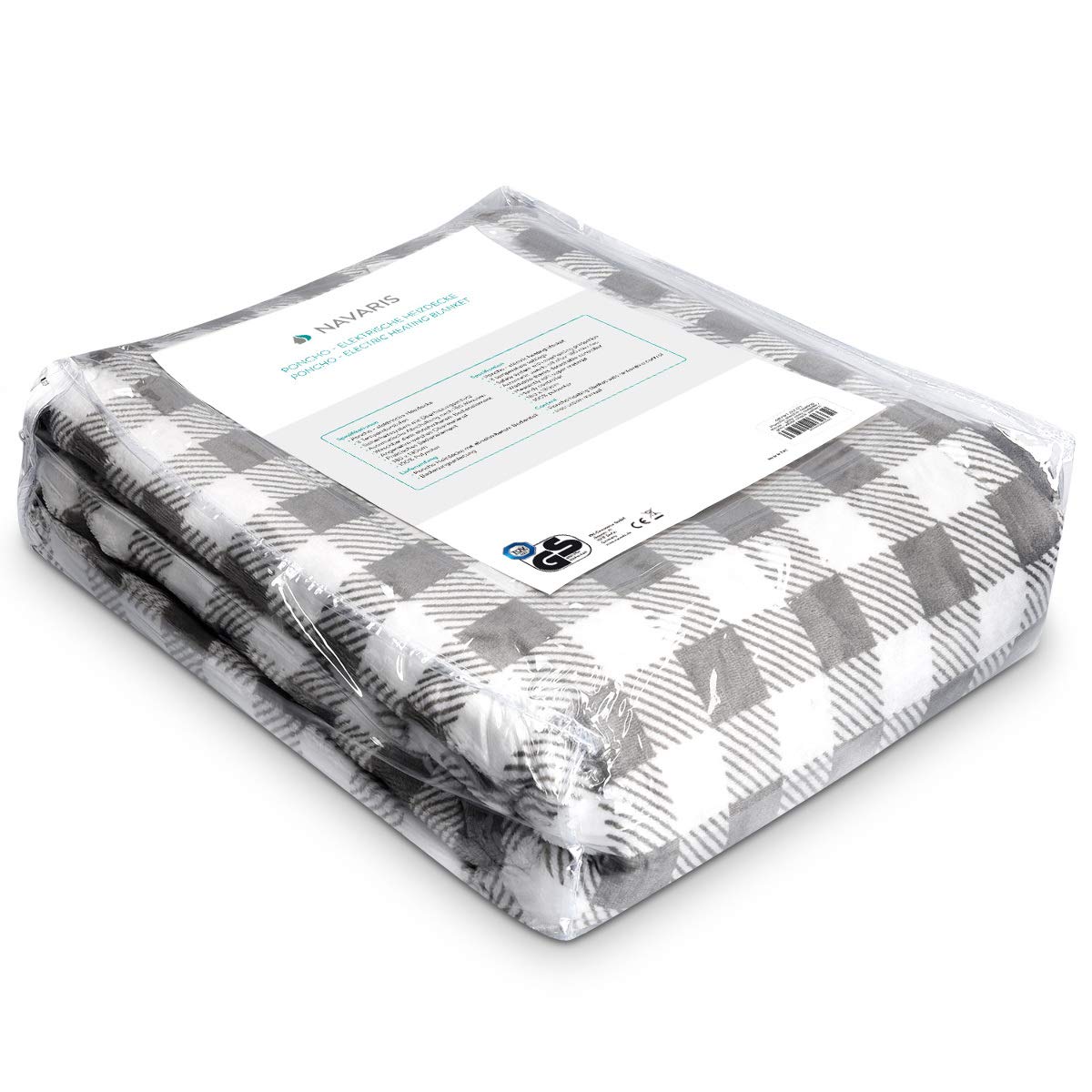 Navaris Manta eléctrica para Hombros Cuello y Brazos - Poncho eléctrico con Forma de U y Mando - Manta térmica Lavable - En Blanco Negro y Gris