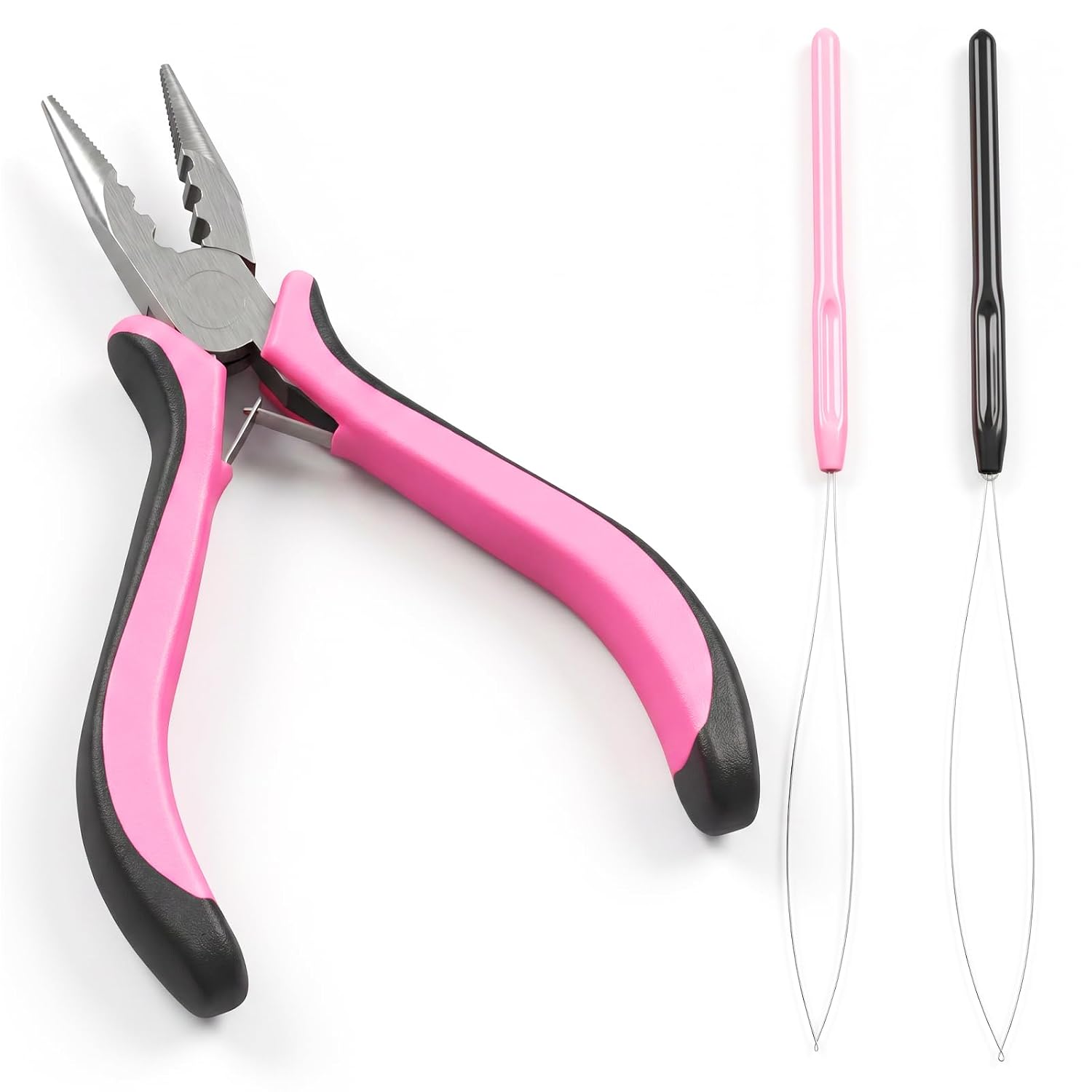 Pink Hair Extension Pliers with 2 Pcs Pliers Loop 3-Hole Hair Extension Plier Tool for Beads Micro and Nano Ring Hairs Extensions Styling