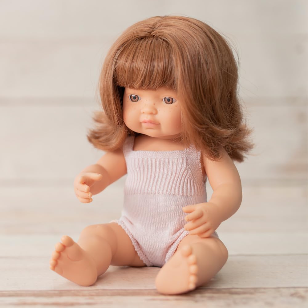 Miniland Doll 15'' Colourful Edition Caucasian Redhead Girl with Pink Rompers (Box) - Made in Spain, Anotomically Correct, Quality, Inclusion