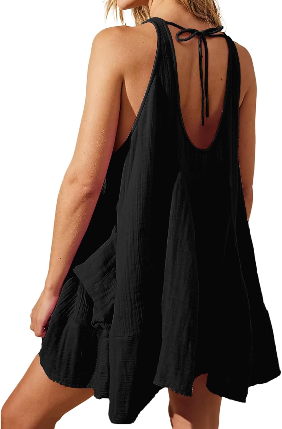 Yioaga Women Casual Summer Dresses Sleeveless Crew Neck Backless Tunic Mini Dress Loose Flowy Tank Sundress with Pockets