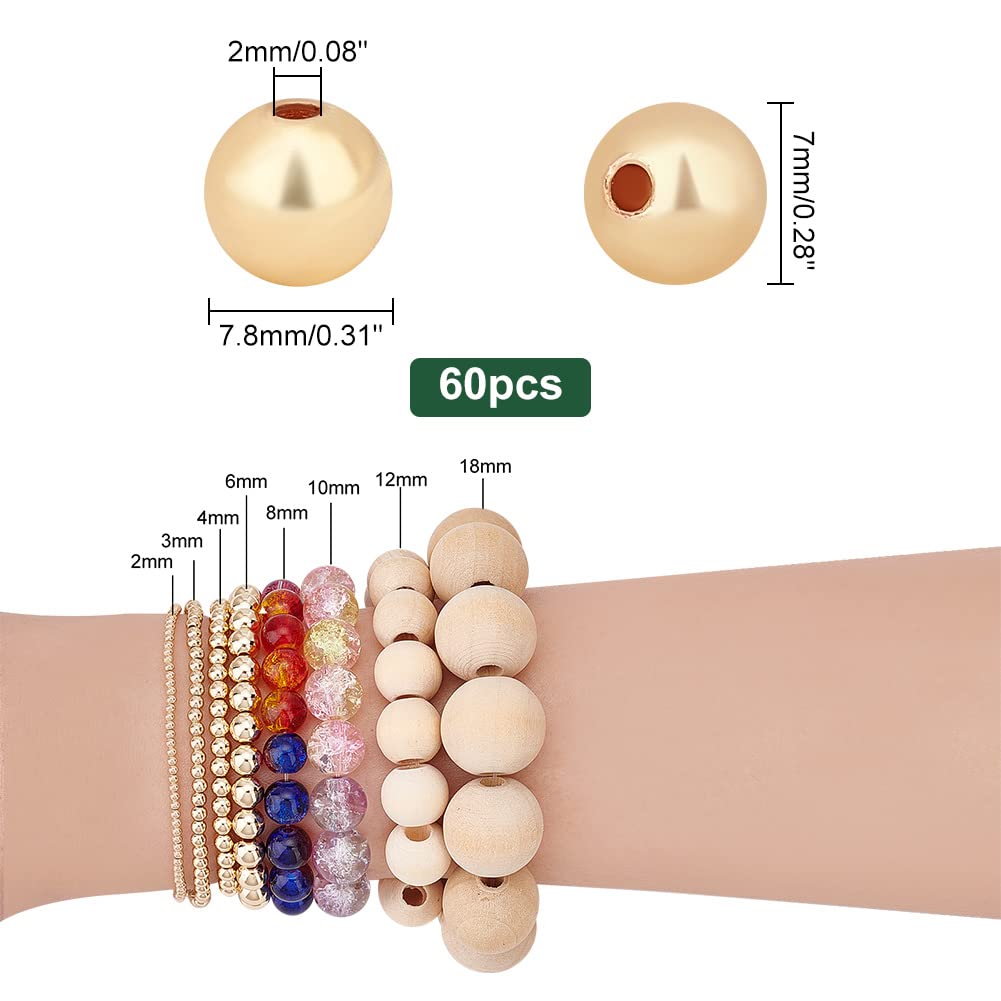 PH PandaHall 60pcs 14K Gold Plated Beads 8mm Smooth Beads Long-Lasting Round Spacer Beads Seamless Loose Ball Beads Gold Metal Beads for Summer Hawaii Stackable Necklace Bracelet - Image 3