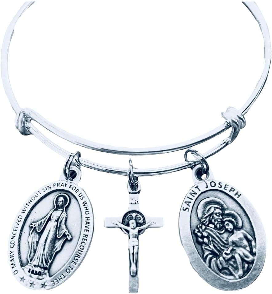 Virgin Mary & Saint Joseph Expandable Charm Bracelet – Silver Catholic Jewelry with Crucifix and Holy Family Medals – Religious Gift for Women, Teens, Confirmation, Baptism, or First Communion