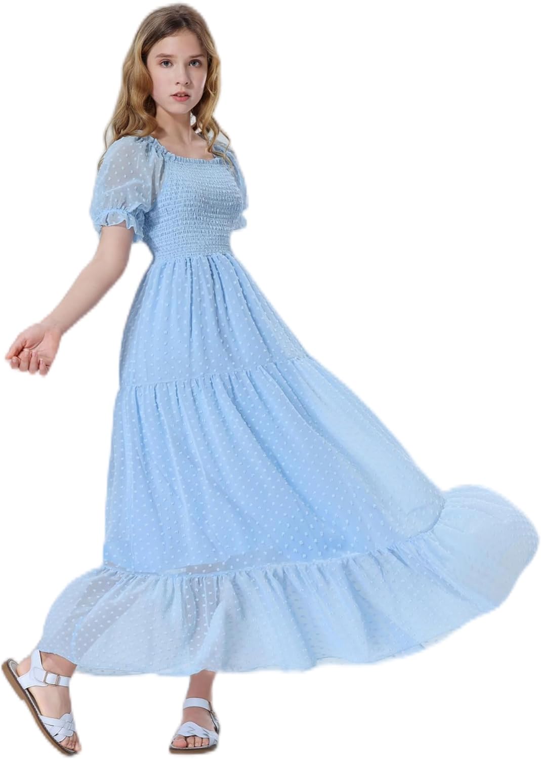 EXARUS Girls Maxi Smocked Long Dress Solid/Floral Teen Swiss Dots Teen Spring Easter A-line Dresses Tea Party Casual