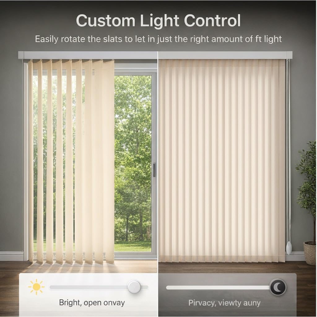 Vertical Window Blinds for Sliding Glass Doors, 55" 59" 63" 68" 71" 78" 83" 88" Beige Cordless Room Darkening Vertical Window Shades for Patio, Privacy Light Control Fabric Slats(71" W x 39" H)
