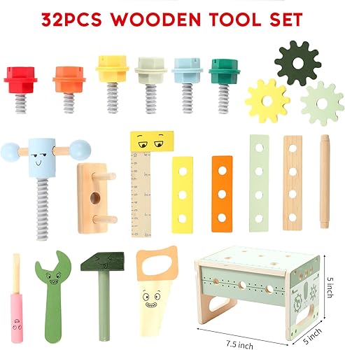 Miniatura 6 de Asweets Juego de herramientas para niños, banco de herramientas de madera para niños pequeños con caja, juguetes educativos Montessori STEM de