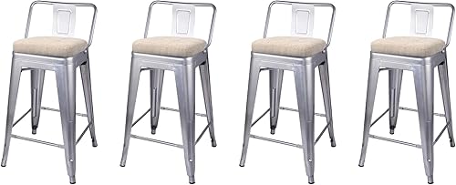 Vista 180 de GIA Taburete de metal con respaldo bajo de altura de mostrador de 24 pulgadas con asiento de cuero vegano, color plateado