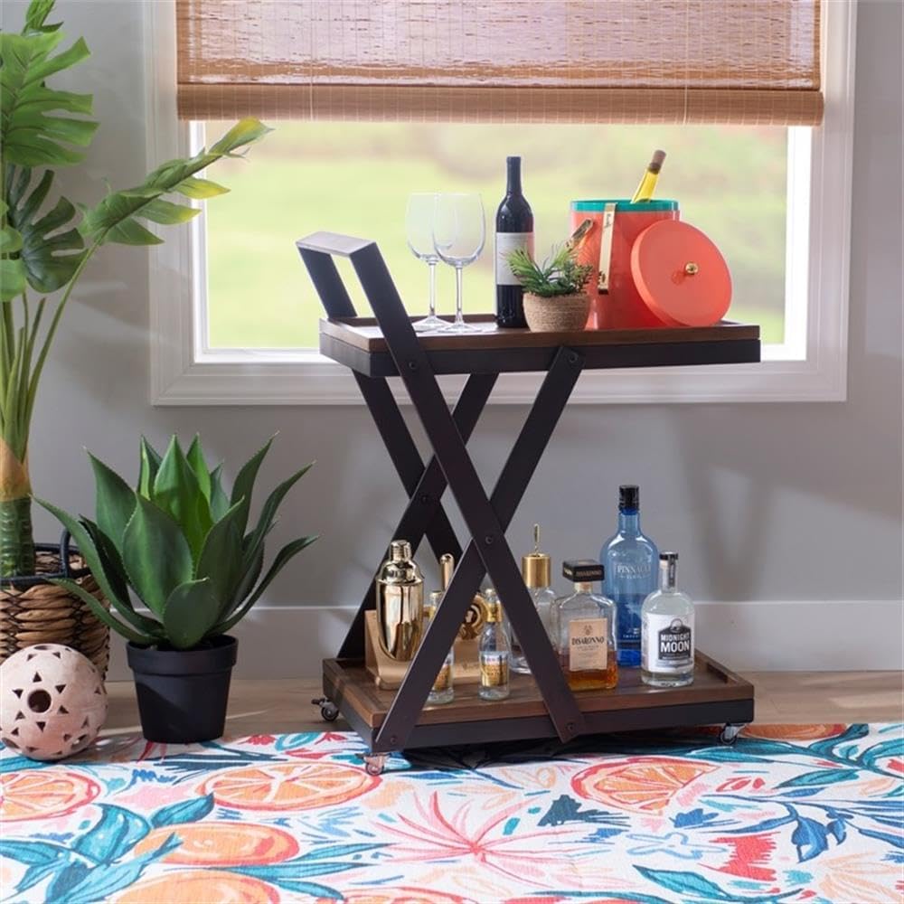 Linon Carley Dark Rustic Wood 2 Level Rolling Bar Cart with Metal Frame in Black