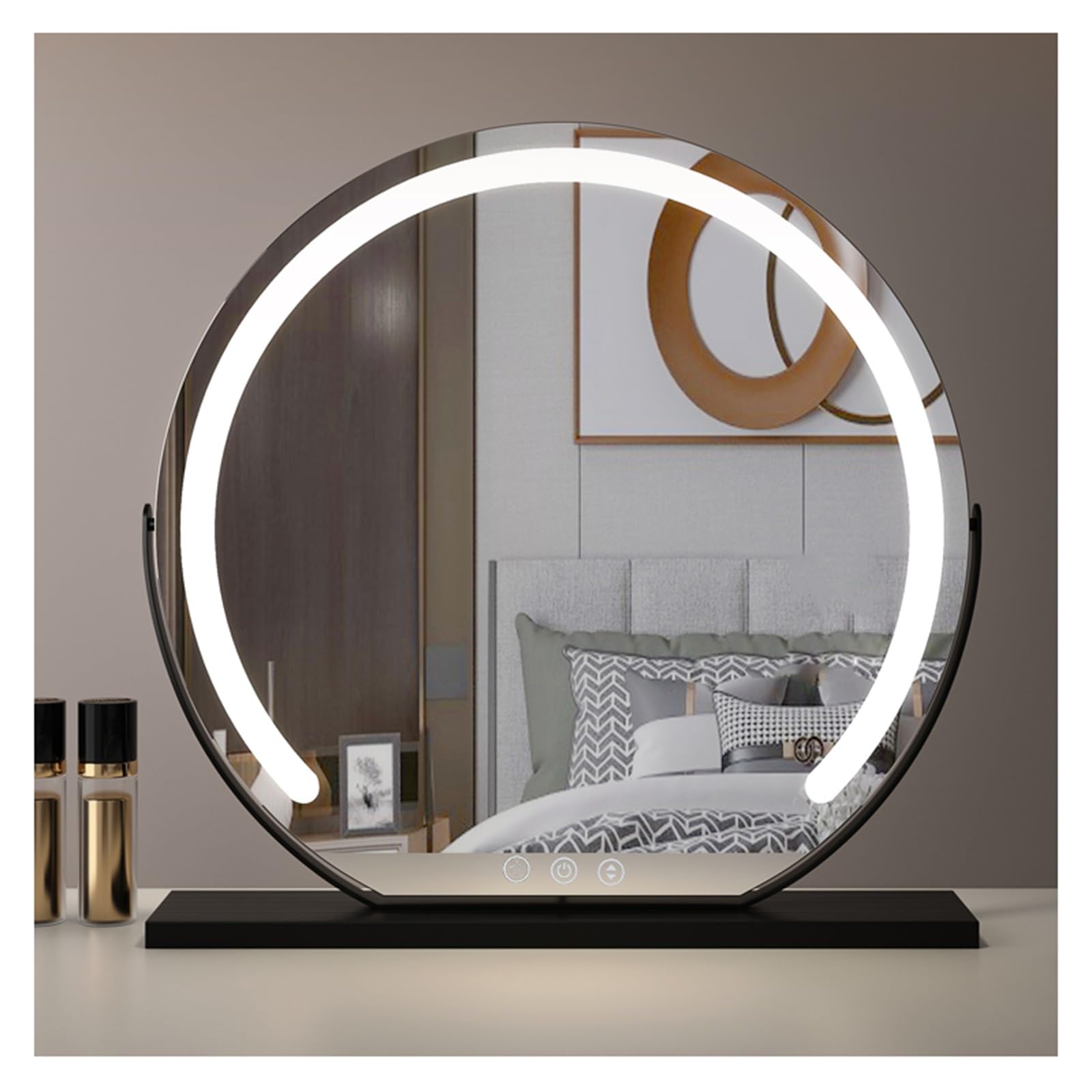 Smart Touch Control - Specchio cosmetico con luci LED, rotazione a 360°, 3 impostazioni di luminosità: bianco/naturale/luce calda, misura grande, 62 x 58 cm, colore: Nero