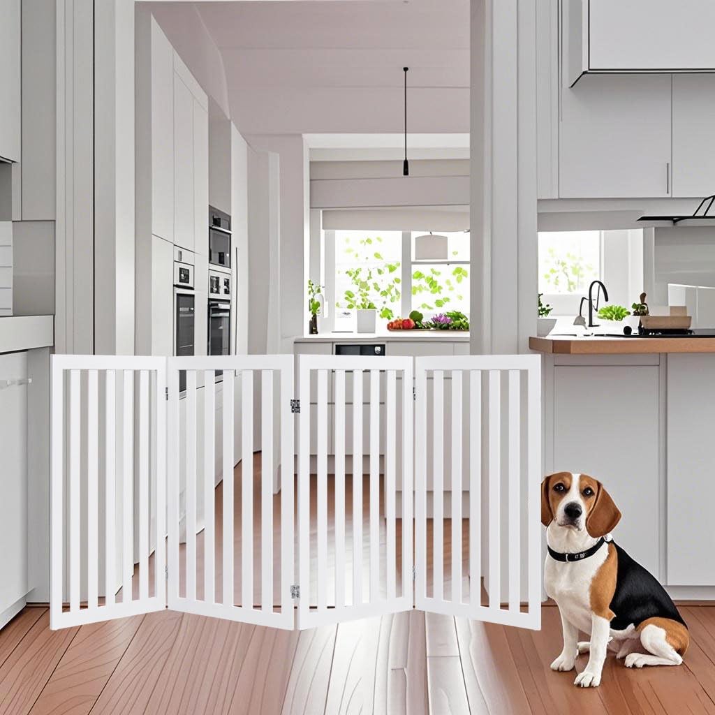 SOARS Barrera para perros, plegable y independiente, rejilla protectora para puertas y escaleras, para mascotas pequeñas y medianas, color blanco (203 x 89 cm)